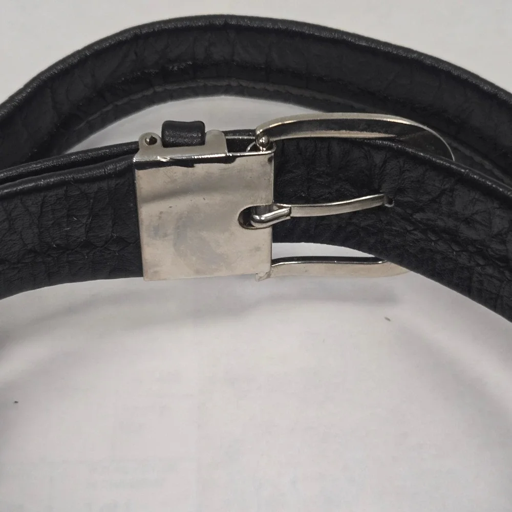 Vintage‎ Bonjour Mens Black Leather Money Belt Hidden Zipper Pocket SZ 44 Silver